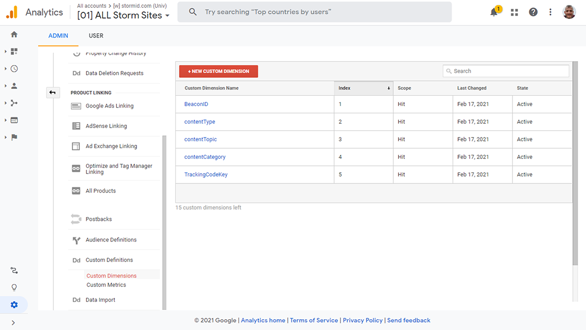 Screenshot of Google Analytics showing how to create a custom dimension
