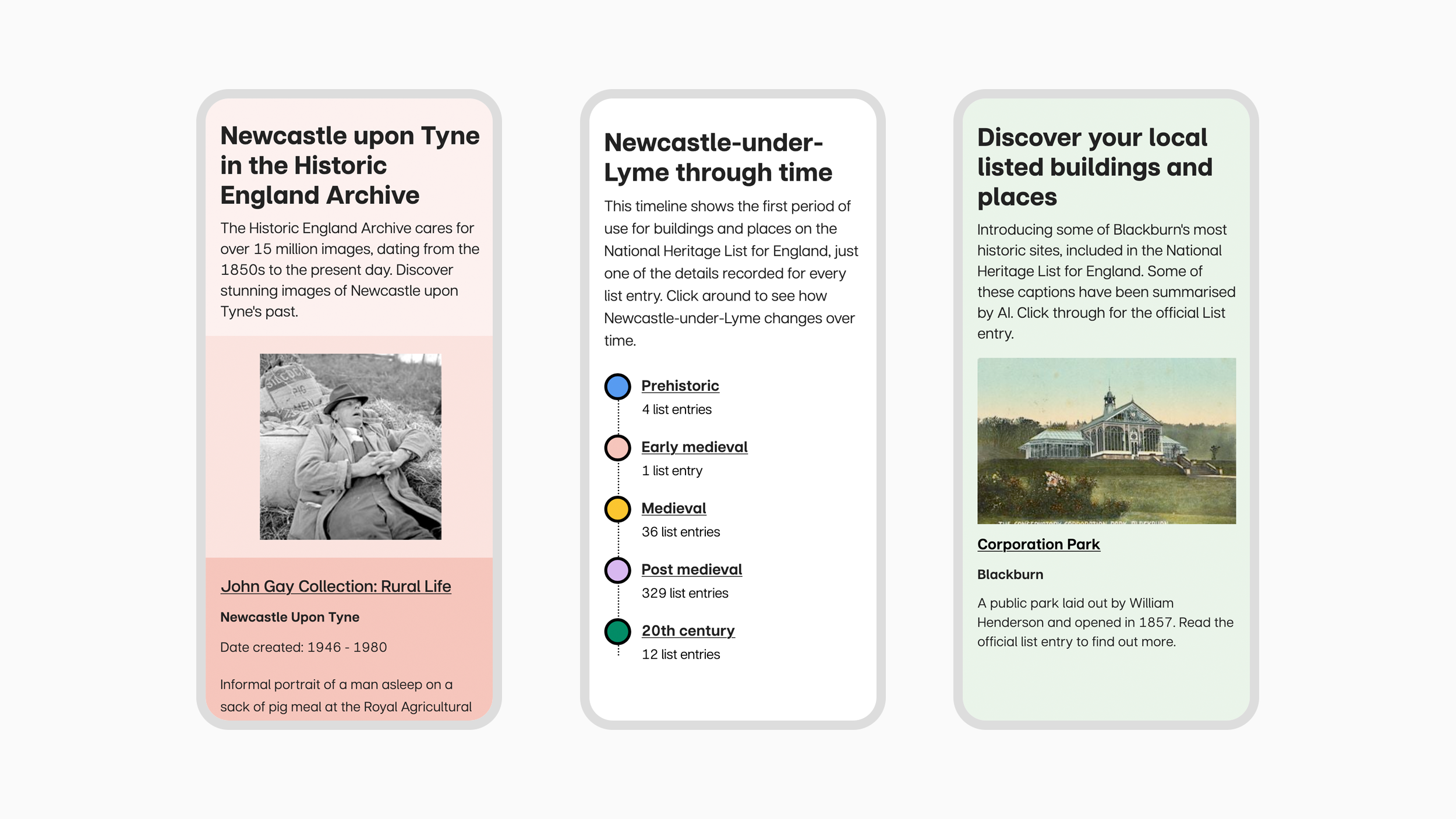 Example interfaces of the Local Heritage Hub as displayed on mobile devices