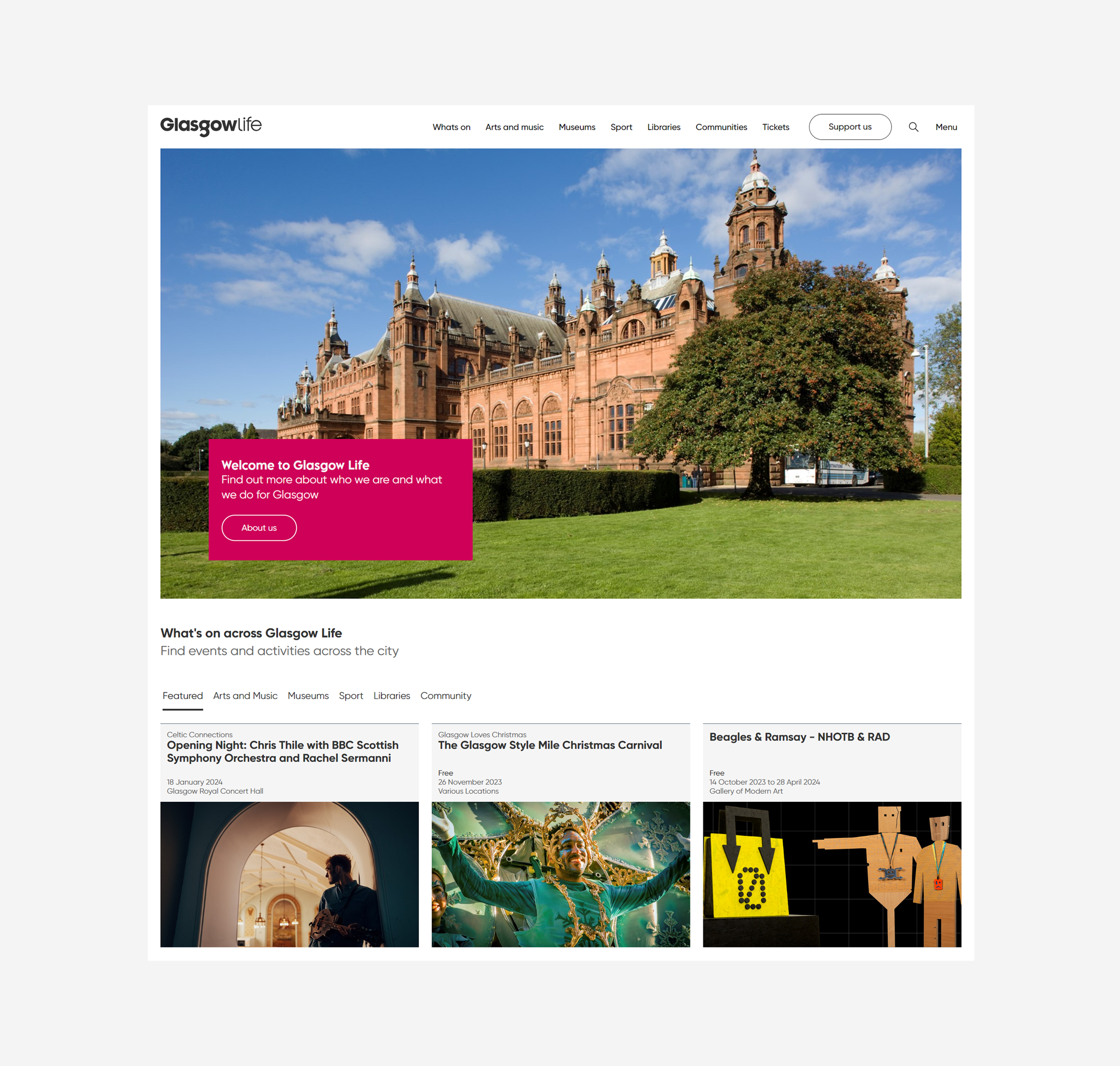 A screenshot of the Glasgow Life homepage