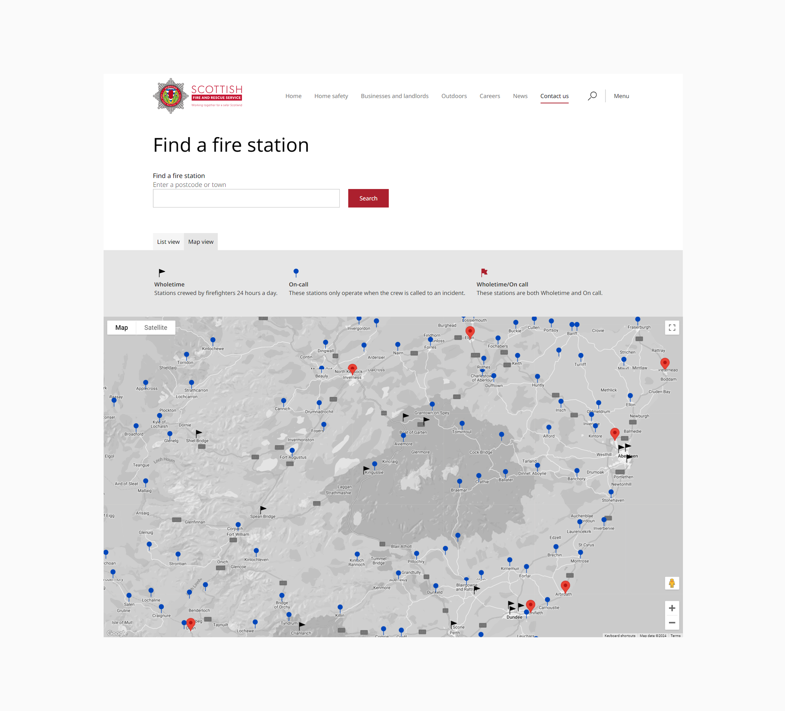 A screenshot of the find your nearest fire station page from the Scottish Fire and Rescue website