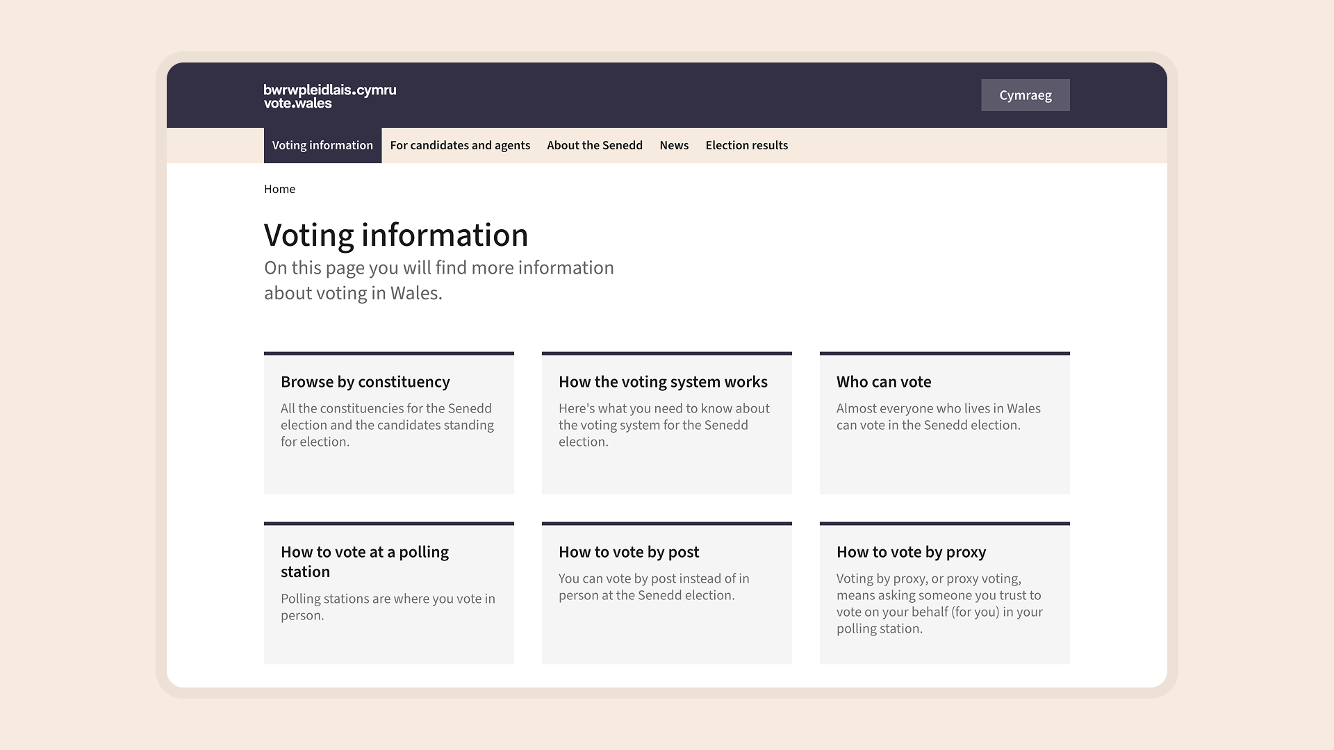 A screenshot of the Vote Wales Voting Information page