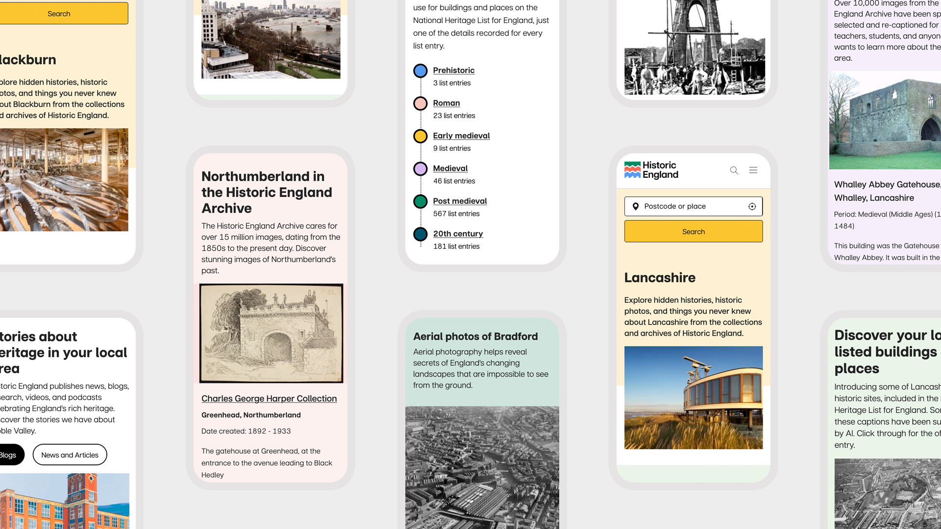 A selection mobile screenshots from Historic England Local Heritage Hub user interface